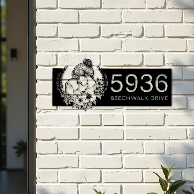 Custom Metal Floral Mom And Baby Metal Address Sign, House number, Outdoor Number Signage, Yard Sign Address Plate