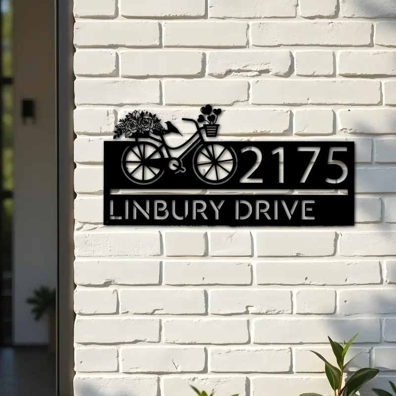 Custom Metal Bicycle with flower and hearts Metal Address Sign, House number, Outdoor Number Signage, Yard Sign Address Plate