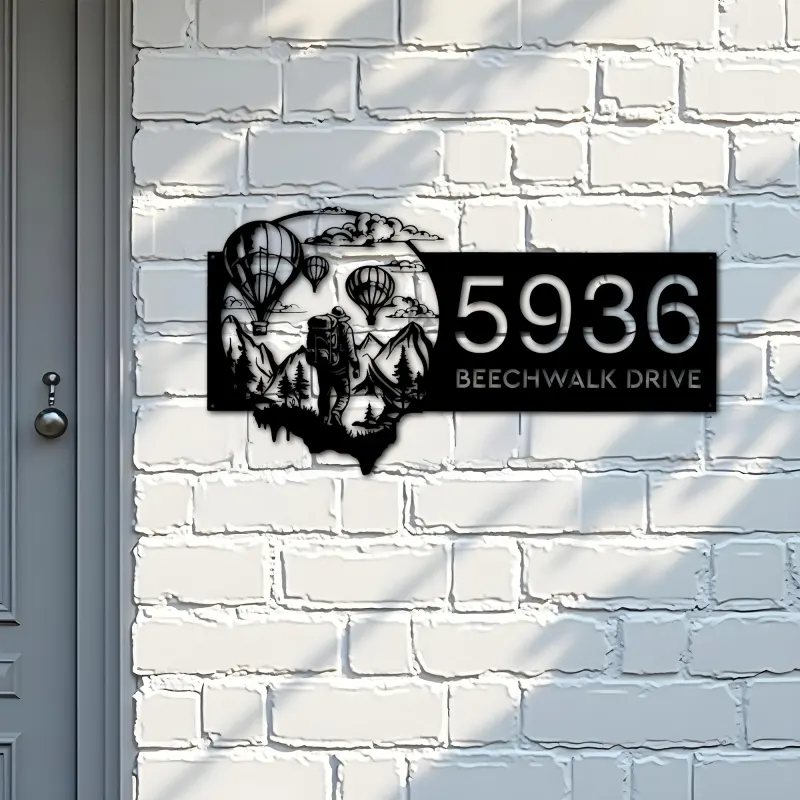 Custom Metal Hot Air Balloon Sky Adventure Travel Metal Address Sign, House number, Outdoor Number Signage, Yard Sign Address Plate