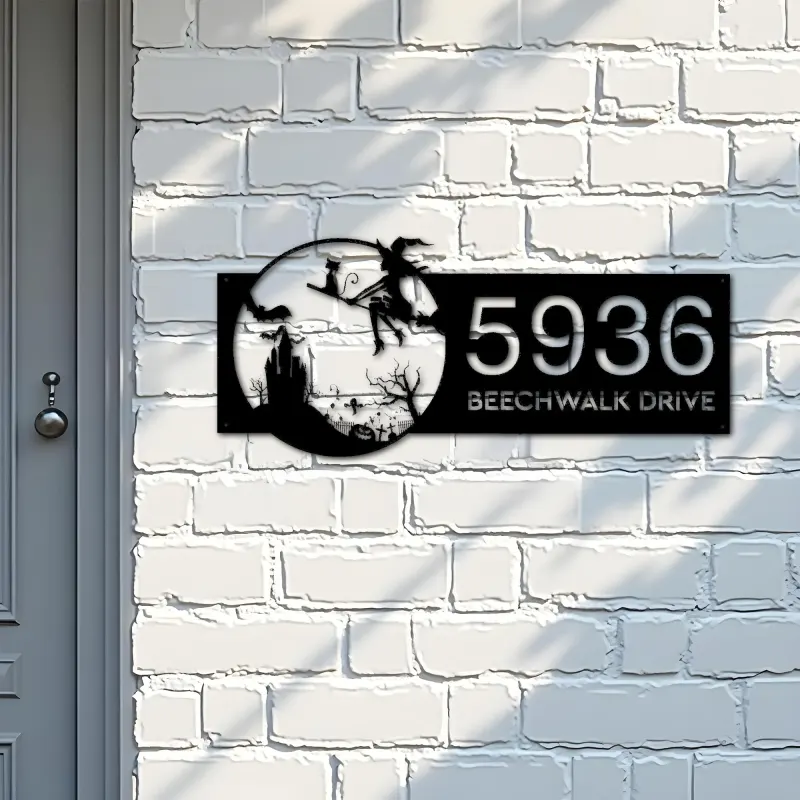 Custom Metal Witch and black cat flying Halloween Metal Address Sign, House number, Outdoor Number Signage, Yard Sign Address Plate