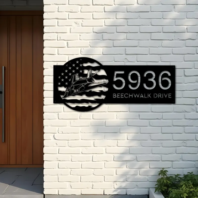 Custom Metal Stealth Fighter Jet airplane US flag Metal Address Sign House number Hanging Address Plaque Yard Sign Outdoor