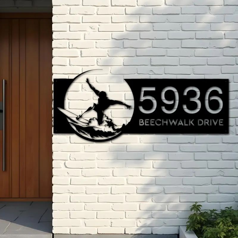 Custom Metal Surfer surfing Metal Address Sign, House number, Outdoor Number Signage, Yard Sign Address Plate