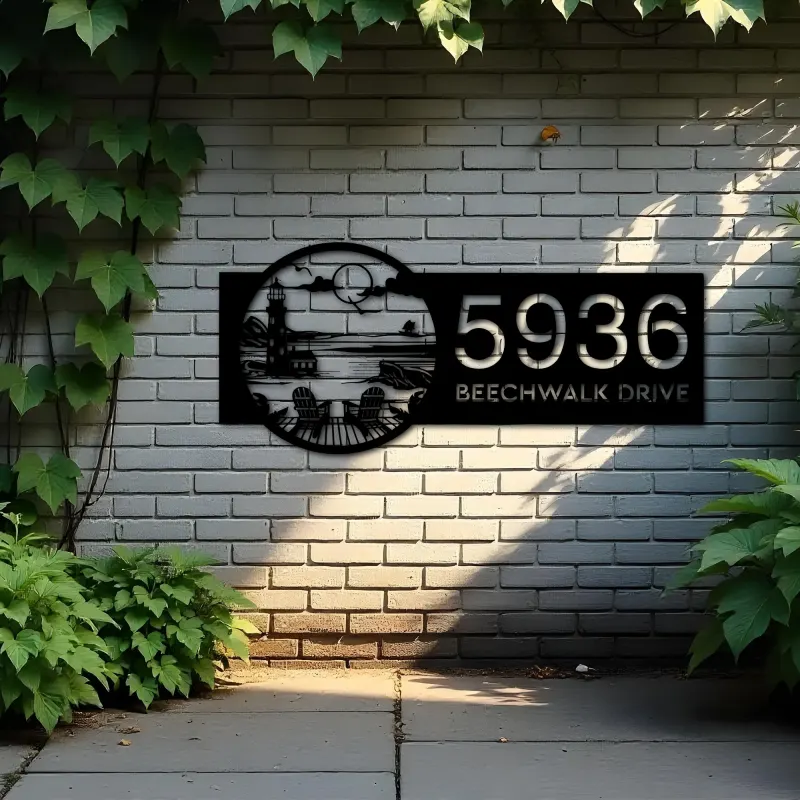 Custom Metal Lighthouse with Chairs Dock Metal Address Sign, House number, Outdoor Number Signage, Yard Sign Address Plate