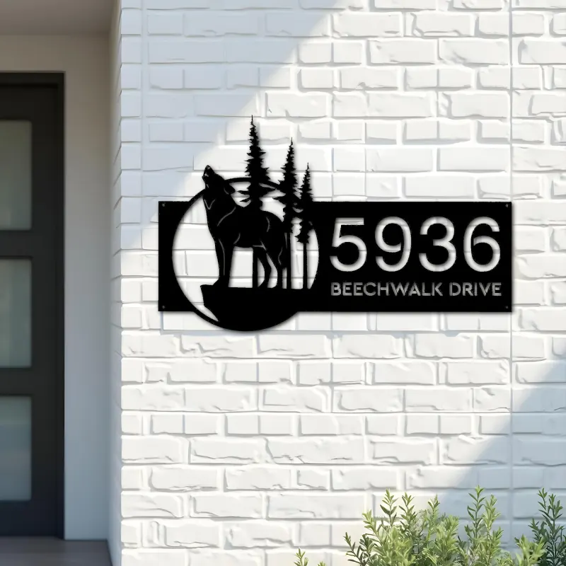 Custom Metal Wolf wild life mountain forest Metal Address Sign, House number, Outdoor Number Signage, Yard Sign Address Plate