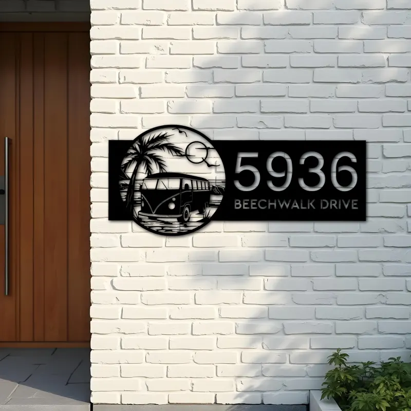Custom Metal Palm Trees and Camper Van on Sea Beach Metal Address Sign, House number, Outdoor Number Signage, Yard Sign Address Plate