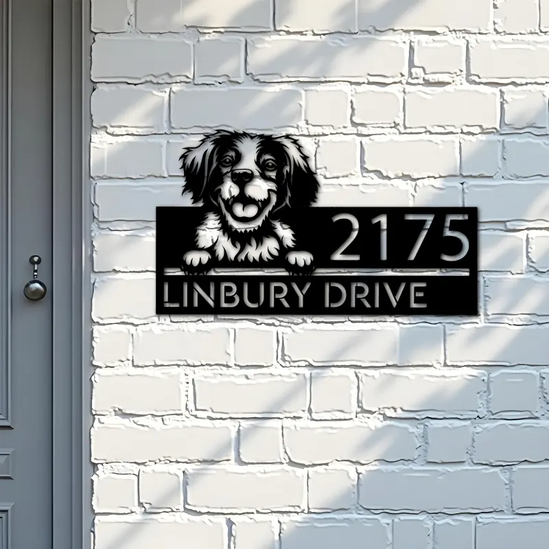Custom Metal Brittany dog Puppy Metal Address Sign House number Hanging Address Plaque Yard Sign Outdoor decor