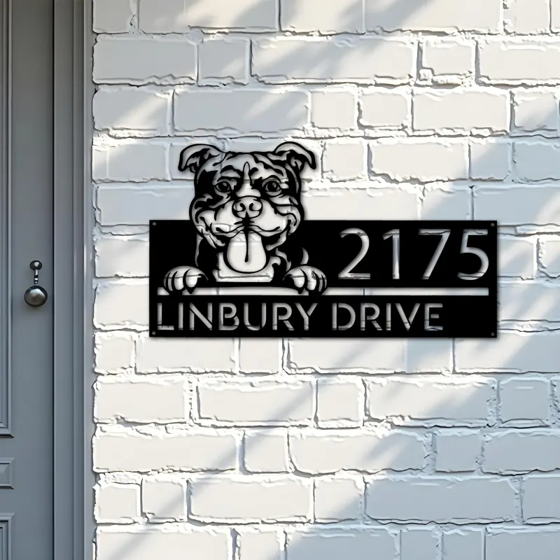 Custom Metal American Bully dog cute puppy Metal Address Sign House number Hanging Address Plaque Yard Sign Outdoor decor