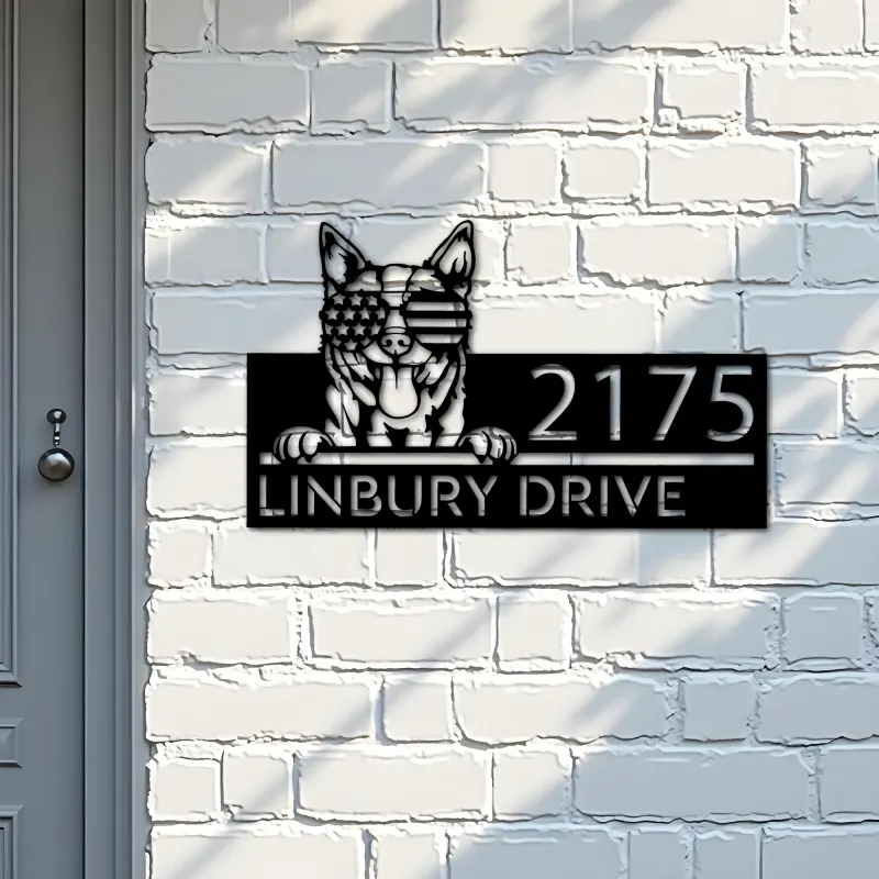 Custom Metal Red heeler dog US flag glasses Metal Address Sign House number Hanging Address Plaque Yard Sign Outdoor decor