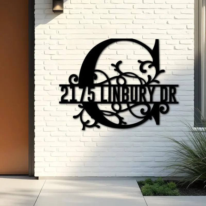 Custom Metal Floral Monogram Split Letter C Metal Address Sign House number Hanging Address Plaque Yard Sign Outdoor decor