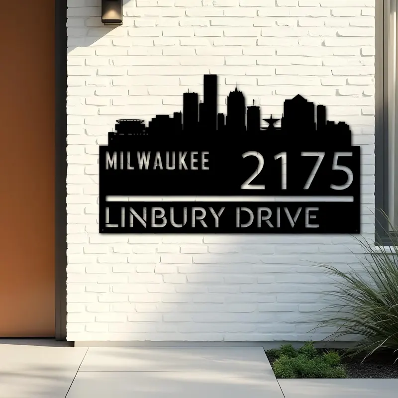 Custom Metal Milwaukee city skyline Metal Address Sign Hanging Address Plaque house number Yard Outdoor Sign