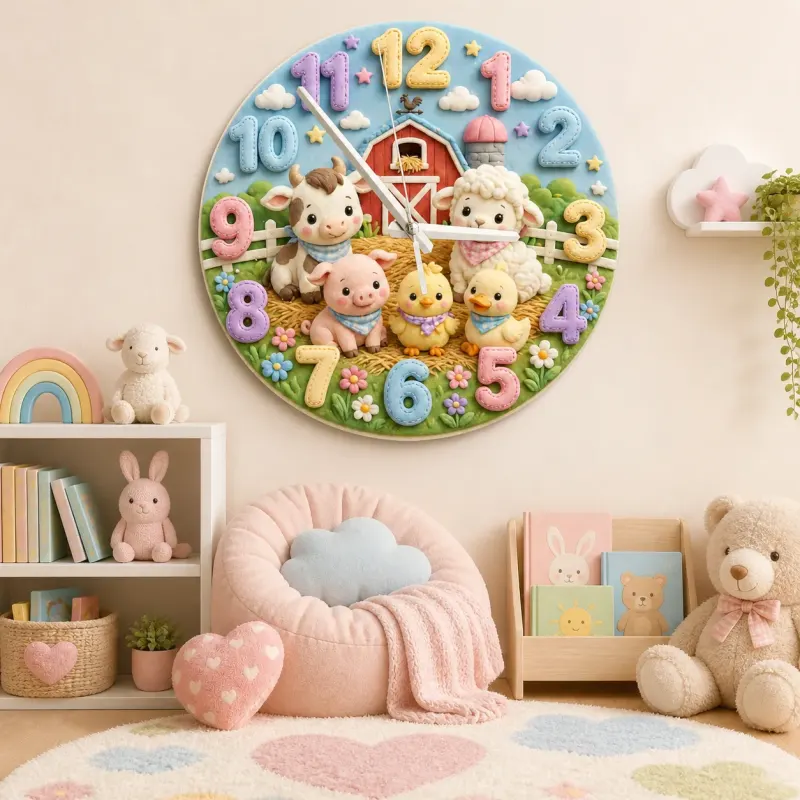 Whimsical Farm Animals Kids Room Wall Clock