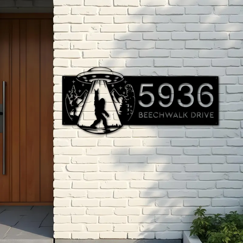 Custom Metal Bigfoot Sasquatch UFO Metal Address Sign, House number, Outdoor Number Signage, Yard Sign Address Plate
