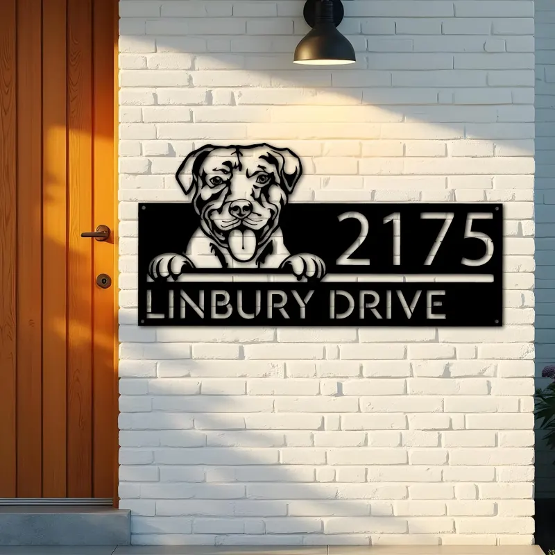 Custom Metal American Pitbull dog cute puppy Metal Address Sign House number Hanging Address Plaque Yard Sign Outdoor decor