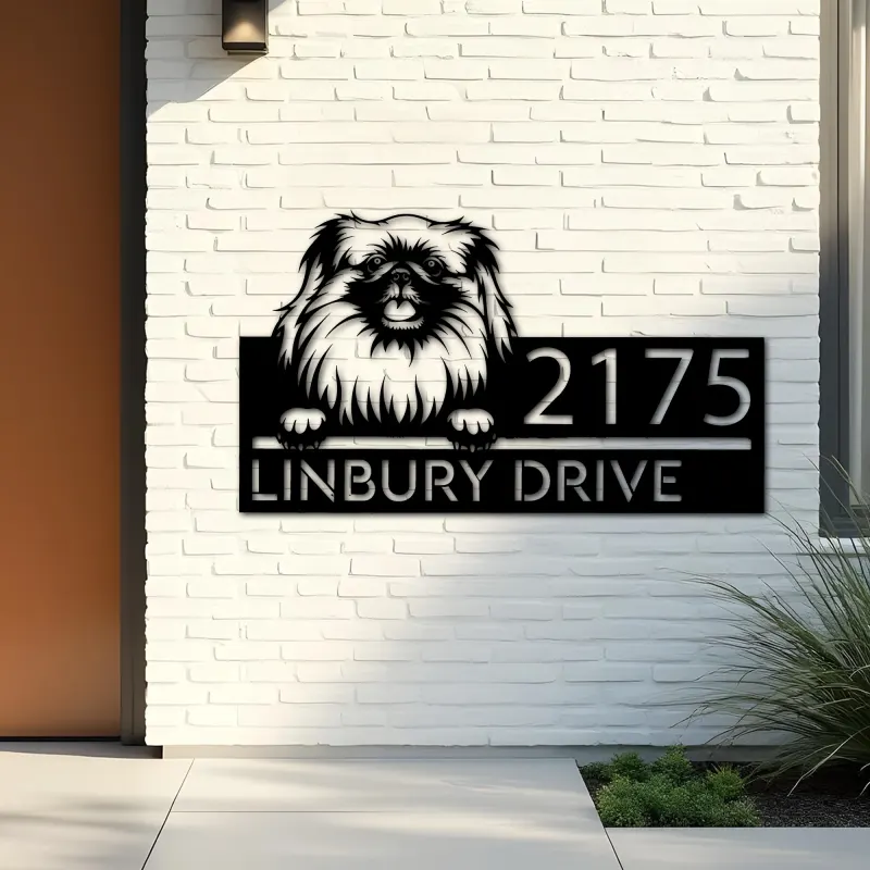 Custom Metal Pekingese dog Puppy Metal Address Sign House number Hanging Address Plaque Yard Sign Outdoor decor