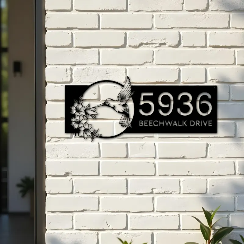 Custom Metal Hummingbird Floral Wreath Metal Address Sign, House number, Outdoor Number Signage, Yard Sign Address Plate
