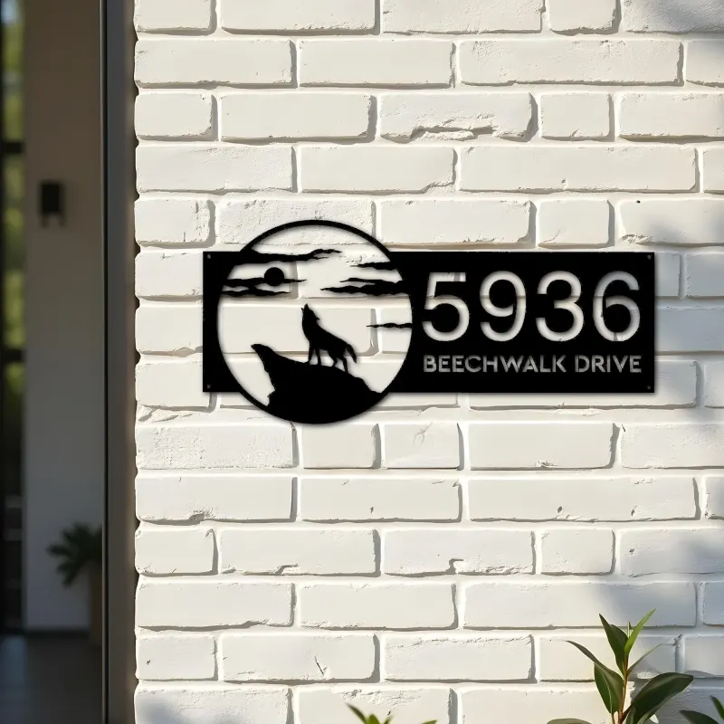 Custom Metal Wolf howling full moon wild animal Metal Address Sign, House number, Outdoor Number Signage, Yard Sign Address Plate