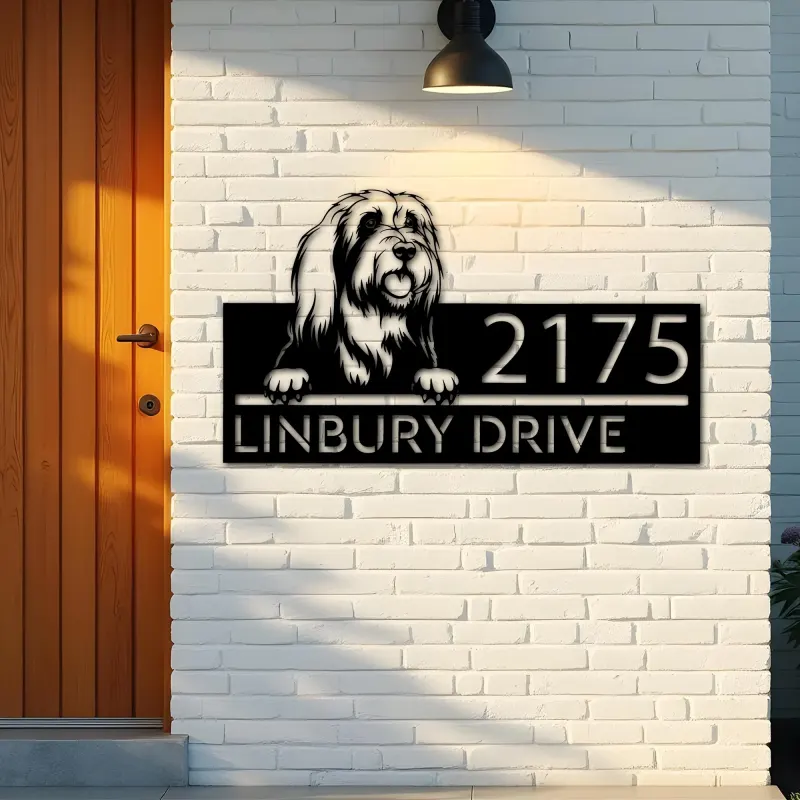 Custom Metal Bearded collie dog Puppy Metal Address Sign House number Hanging Address Plaque Yard Sign Outdoor decor