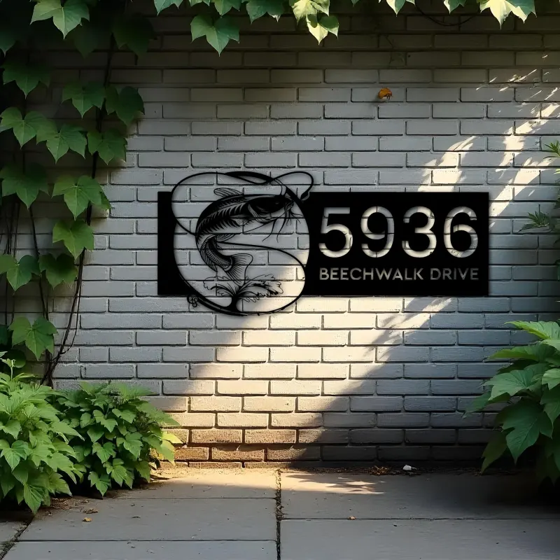 Custom Metal Catfish fishing rod bait hook Metal Address Sign, House number, Outdoor Number Signage, Yard Sign Address Plate