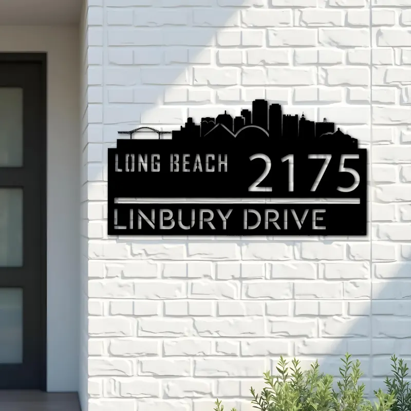 Custom Metal Long Beach city skyline Metal Address Sign Hanging Address Plaque house number Yard Outdoor Sign
