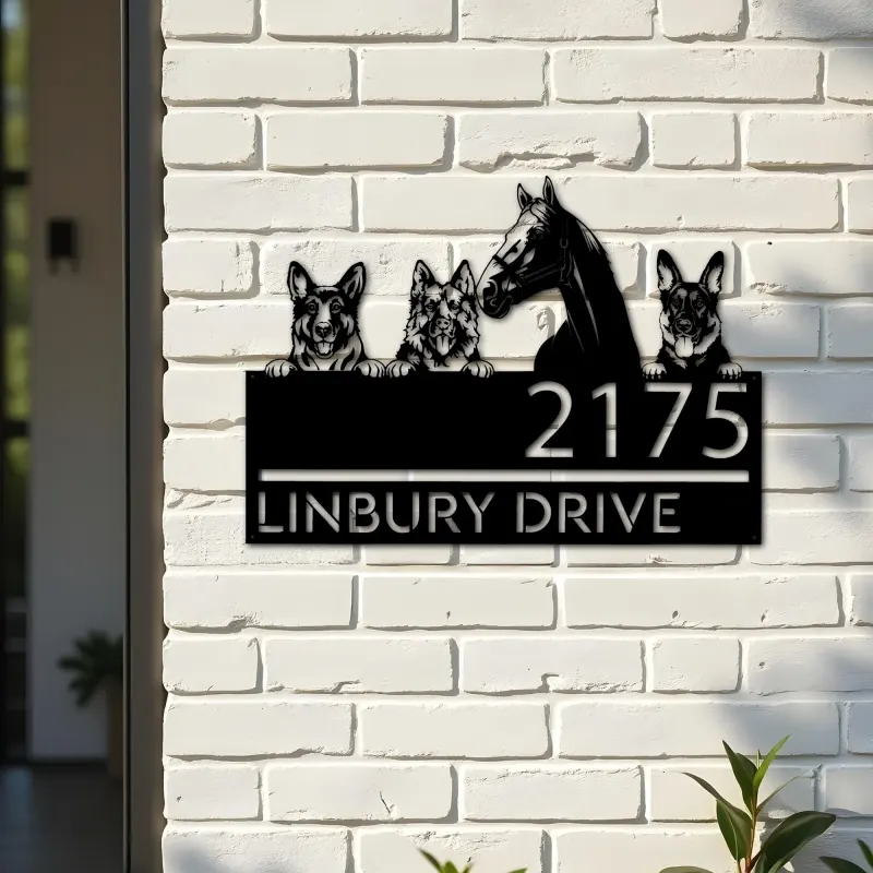 Custom Metal German shepherd Dogs and horse Metal Address Sign House number Hanging Address Plaque Yard Sign Outdoor decor