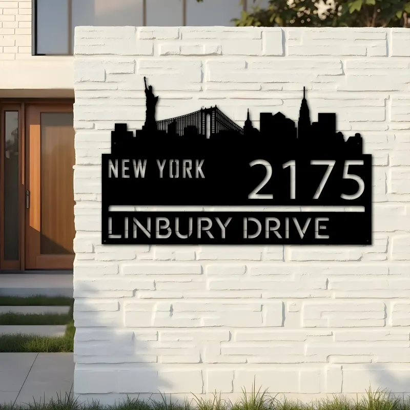 Custom Metal New York city skyline Metal Address Sign Hanging Address Plaque house number Yard Outdoor Sign