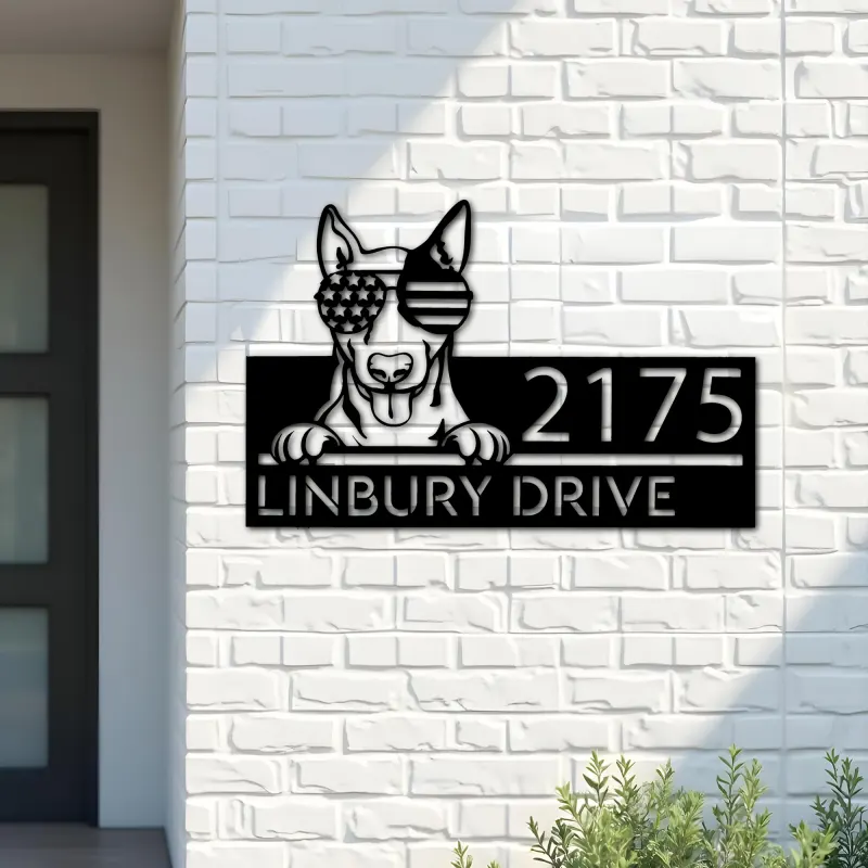 Custom Metal English Bullterrier dog US glasses Metal Address Sign House number Hanging Address Plaque Yard Sign Outdoor decor