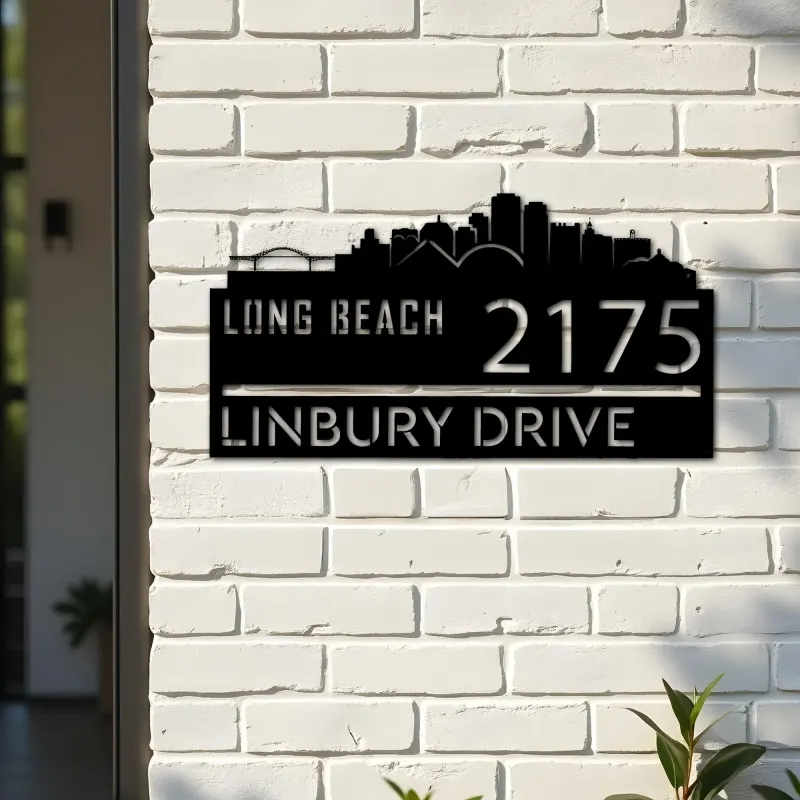 Custom Metal Long Beach city skyline Metal Address Sign Hanging Address Plaque house number Yard Outdoor Sign