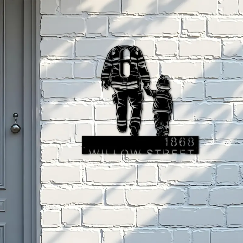 Custom Metal Firefighter father and son Fireman Metal Address Sign, House number, Outdoor Number Signage, Yard Sign Address Plate