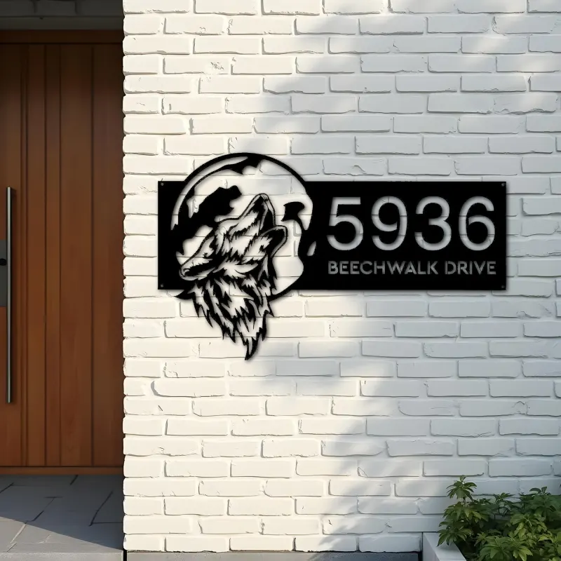 Custom Metal Wolf howling on full moon Metal Address Sign, House number, Outdoor Number Signage, Yard Sign Address Plate001