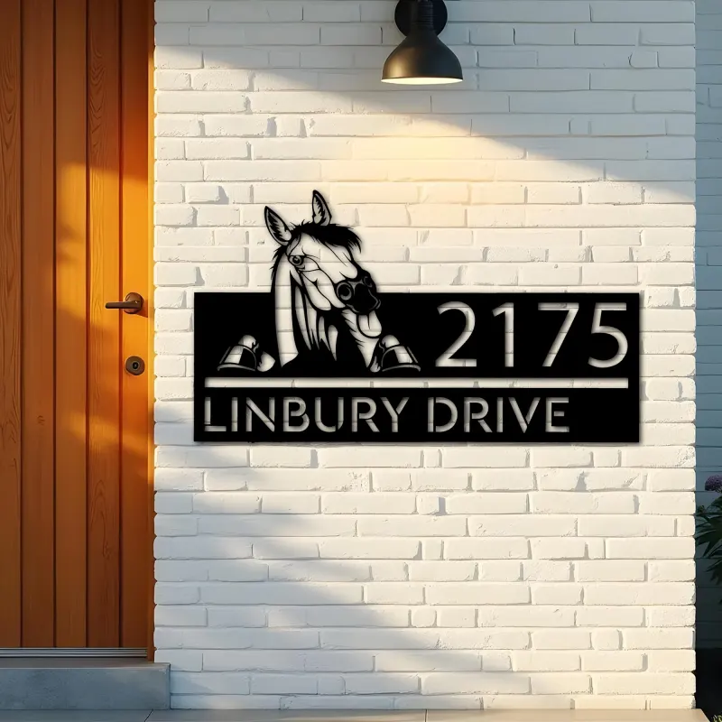 Custom Metal Peeking Horse farm animal ranch Metal Address Sign, House number, Outdoor Number Signage, Yard Sign Address Plate