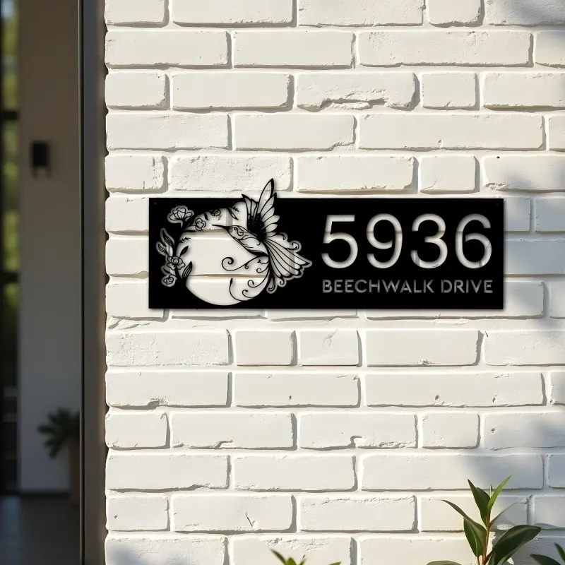 Custom Metal Floral hummingbird Metal Address Sign, House number, Outdoor Number Signage, Yard Sign Address Plate