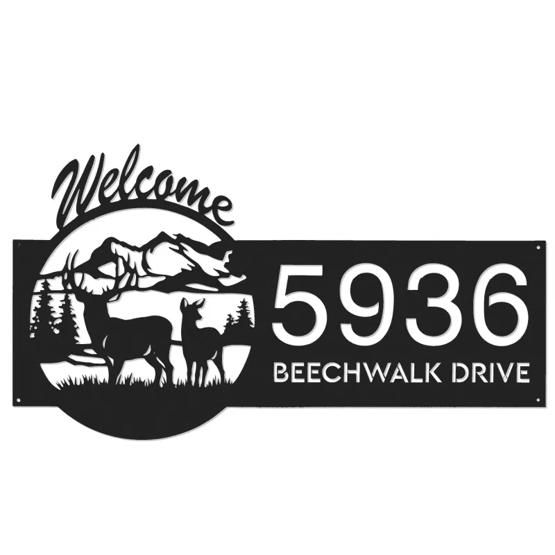 Custom Metal Deer mountain scene Wildlife Welcome Metal Address Sign, House number, Outdoor Number Signage, Yard Sign Address Plate