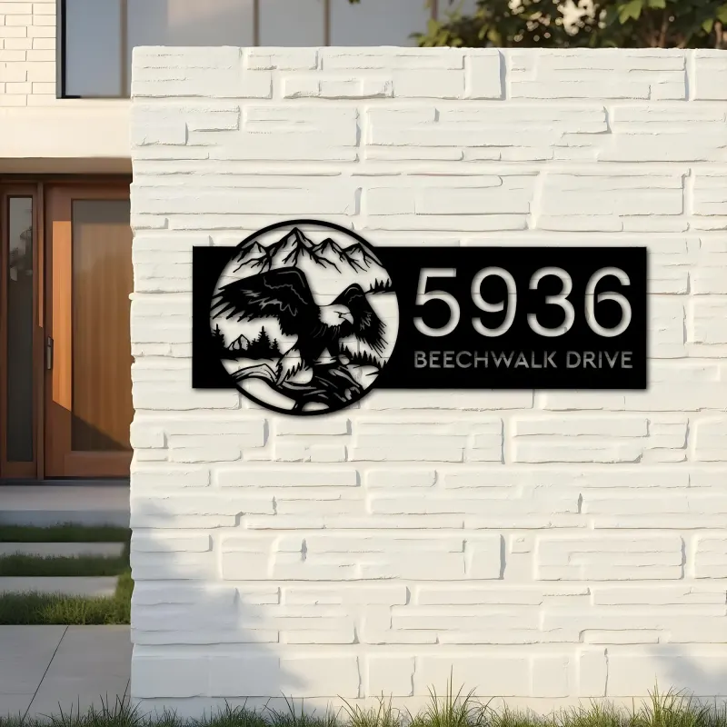Custom Metal Eagle on Tree Branch in Mountains Metal Address Sign, House number, Outdoor Number Signage, Yard Sign Address Plate