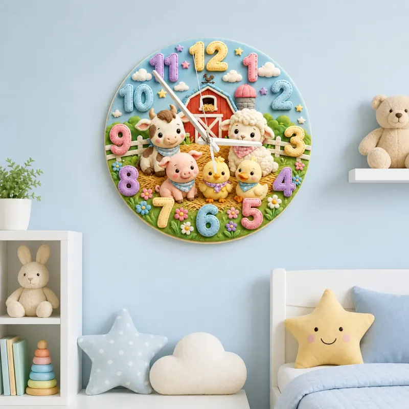 Whimsical Farm Animals Kids Room Wall Clock