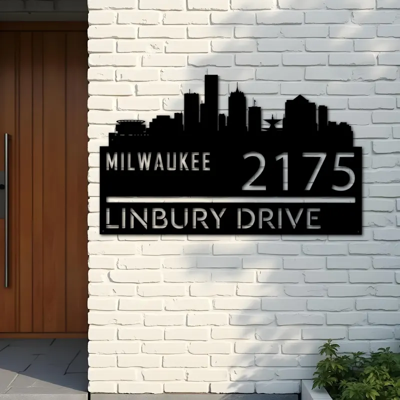 Custom Metal Milwaukee city skyline Metal Address Sign Hanging Address Plaque house number Yard Outdoor Sign