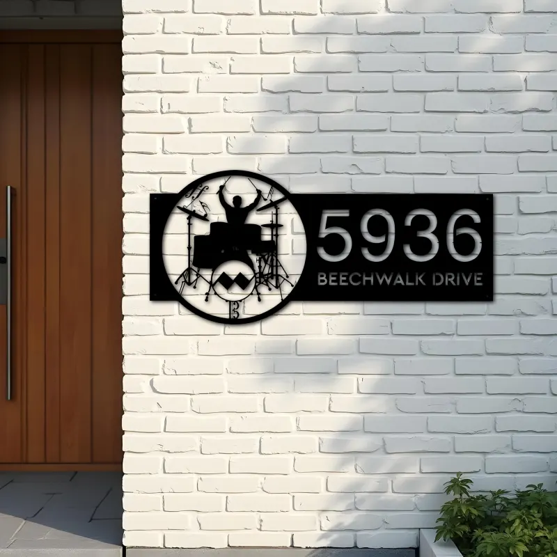 Custom Metal Drummer Drum kit music notes Metal Address Sign Custom House number Hanging Address Plaque Yard Sign Outdoor Sign