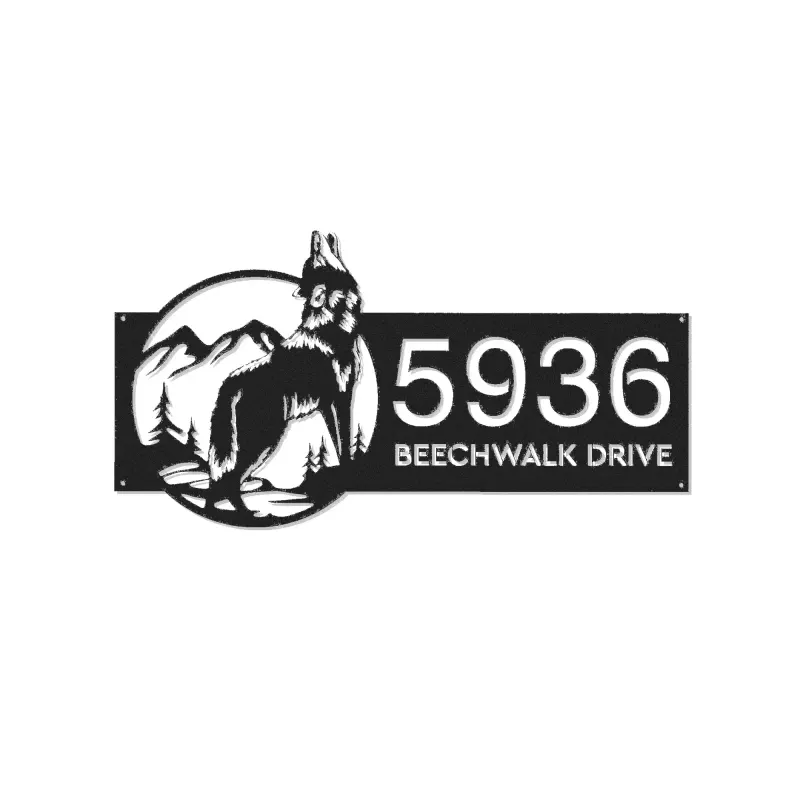 Custom Metal Wolf Mountain scene wild life Metal Address Sign, House number, Outdoor Number Signage, Yard Sign Address Plate