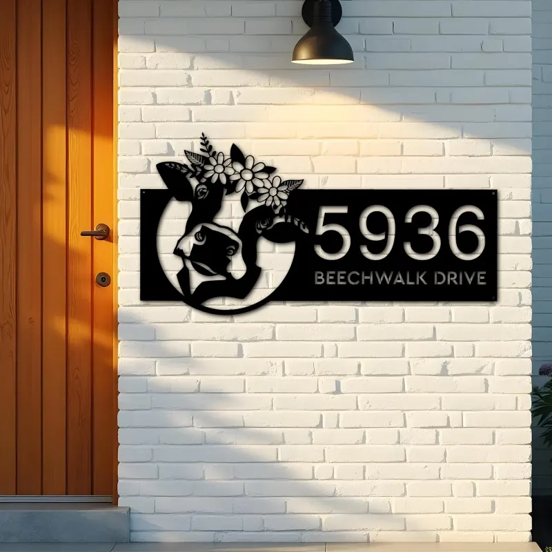Custom Metal Floral Cow Ranch farmhouse farm animal Metal Address Sign, House number, Outdoor Number Signage, Yard Sign Address Plate