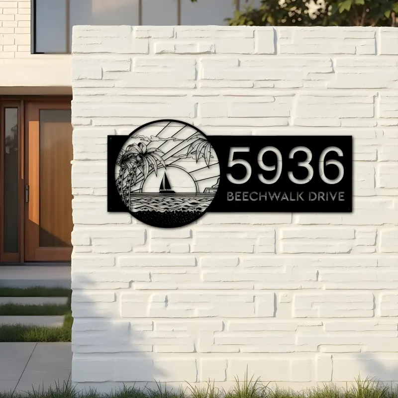 Custom Metal Island sea scene coconut tree Metal Address Sign, House number, Outdoor Number Signage, Yard Sign Address Plate