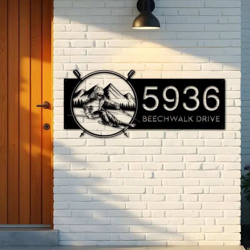 Custom Metal Skiing Ski winter sport Metal Address Sign, House number, Outdoor Number Signage, Yard Sign Address Plate