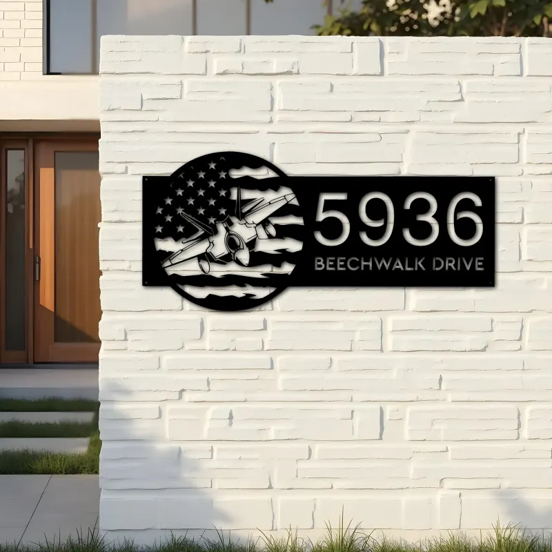 Custom Metal Airplane jet on US flag Metal Address Sign House number Hanging Address Plaque Yard Sign Outdoor