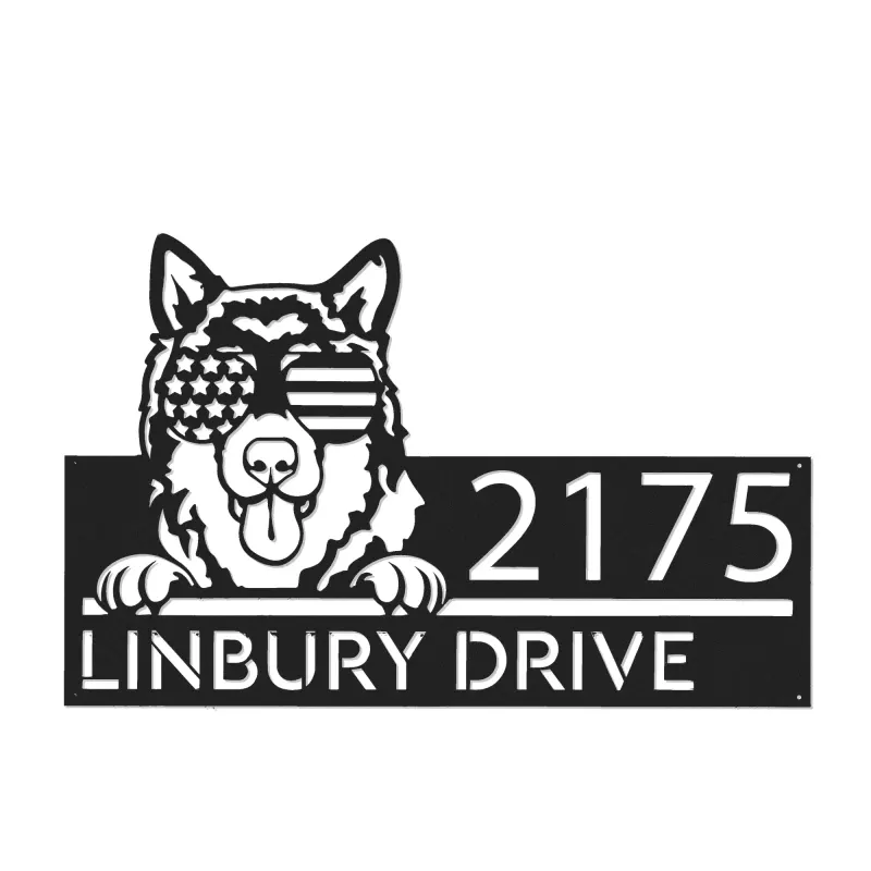Custom Metal Alaskan Malamute dog US glasses Metal Address Sign House number Hanging Address Plaque Yard Sign Outdoor decor