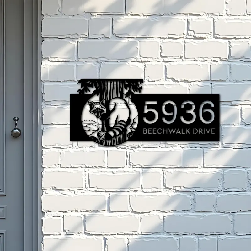 Custom Metal Raccoon Wild animal wildlife Metal Address Sign, House number, Outdoor Number Signage, Yard Sign Address Plate