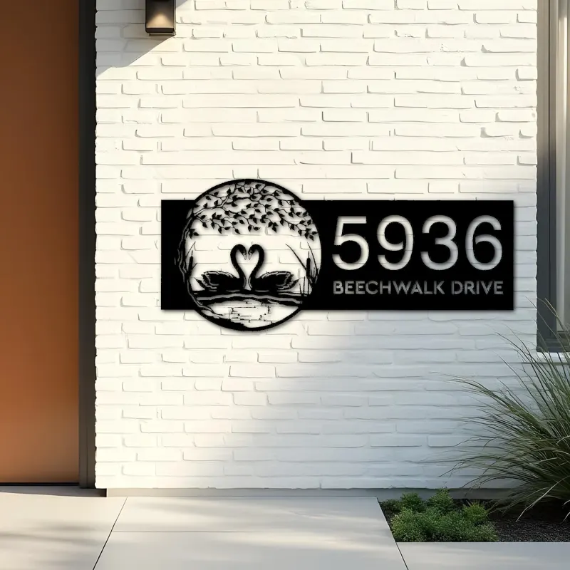Custom Metal Tree and Swan Couple on Lake Metal Address Sign, House number, Outdoor Number Signage, Yard Sign Address Plate
