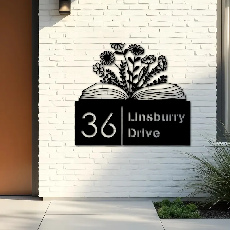 Custom Metal Floral book book lover reading Metal Address Sign, House number, Outdoor Number Signage, Yard Sign Address Plate