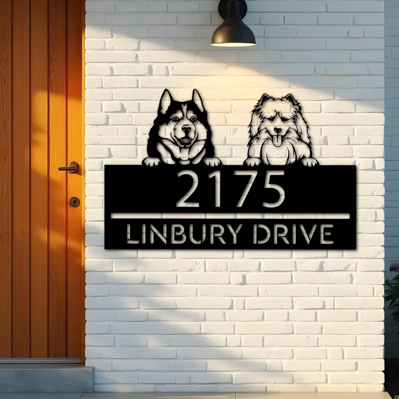 Custom Metal Husky and samoyed dog Puppy Metal Address Sign House number Hanging Address Plaque Yard Sign Outdoor decor