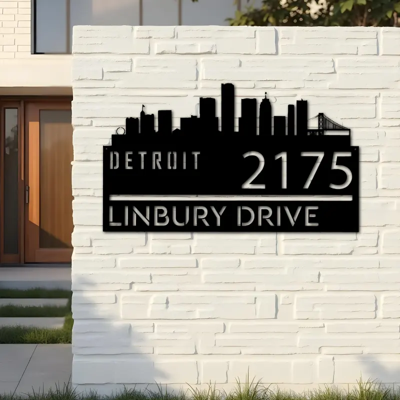 Custom Metal Detroit city skyline Metal Address Sign Hanging Address Plaque house number Yard Outdoor Sign