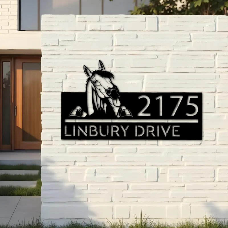 Custom Metal Peeking Horse farm animal ranch Metal Address Sign, House number, Outdoor Number Signage, Yard Sign Address Plate
