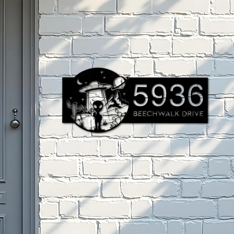 Custom Metal Alien on the Desert UFO Metal Address Sign House number Hanging Address Plaque Yard Sign Outdoor