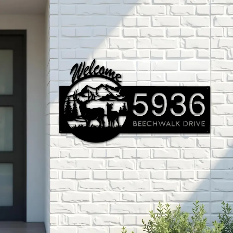 Custom Metal Deer mountain scene Wildlife Welcome Metal Address Sign, House number, Outdoor Number Signage, Yard Sign Address Plate